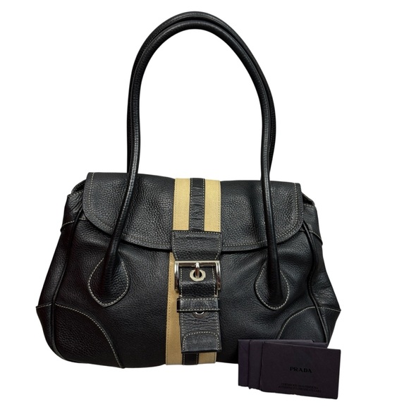Prada Y2K 2000’s Vitello Daino Stripe Leather Top Handle Shoulder Bag